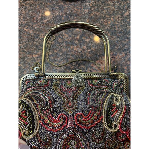 Vintage Style Beaded Bag w Metal Frame Top Handles and Chain - Picture 3 of 11